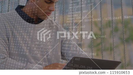 Image of data processing over biracial man using laptop 115910653