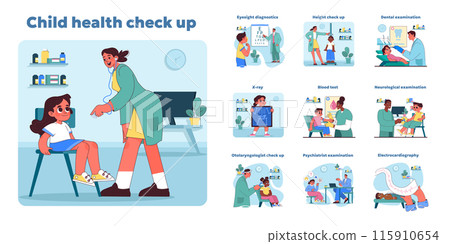 Comprehensive child health check up set. Pediatric care from dental to neurological assessments. Doctors conducting various medical examinations on young boys and girls. Vector illustration 115910654