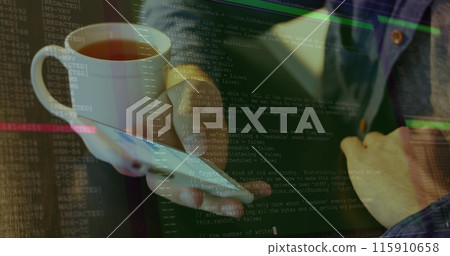 Image of lines and data processing over hands of caucasian man using smartphone 115910658