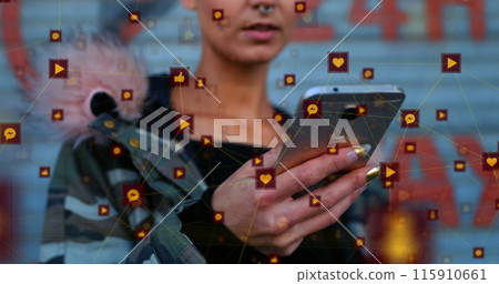 Image of globe of digital icons over biracial woman using smartphone outdoors Image of globe of digital icons over biracial woman using smartphone outdoors 115910661