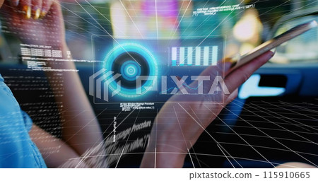 Image of data processing over caucasian woman talking on smartphone in the car Image of data processing over caucasian woman talking on smartphone in the car 115910665