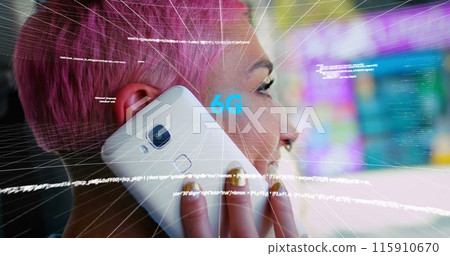 Image of data processing over caucasian woman talking on smartphone in the car Image of data processing over caucasian woman talking on smartphone in the car 115910670