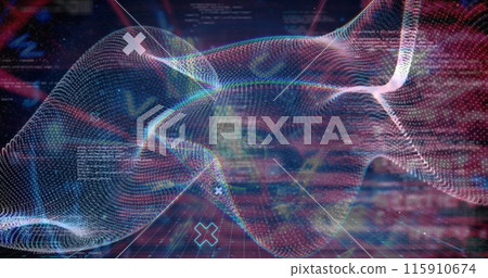 Image of waves and shapes over data processing in digital space 115910674