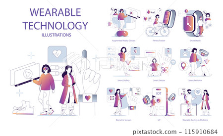 Wearable Technology set. Diverse devices integrating daily life. Health monitoring, fitness tracking, and IoT connectivity. Smart apparel and accessories. Vector illustration. 115910684