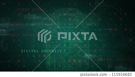 Image of cyber attack warning text, padlock and data processing over circuit board Image of cyber attack warning text, padlock and data processing over circuit board 115910685