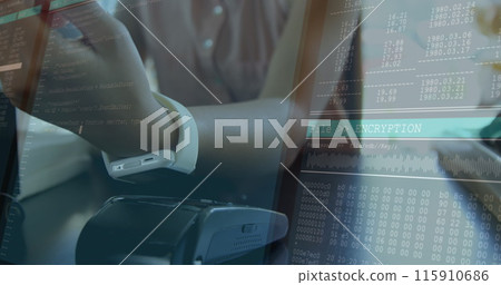 Image of lines and data processing over hands of asian woman paying with smartwatch 115910686