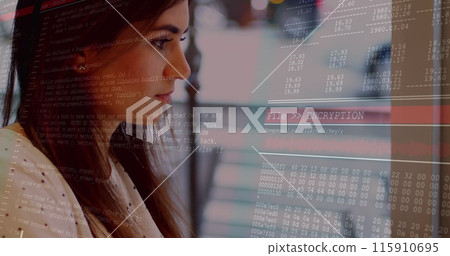 Image of data processing over caucasian woman using laptop Image of data processing over caucasian woman using laptop 115910695