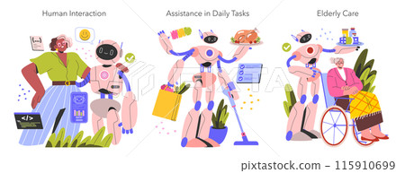 Robot Assistants set. Futuristic AI interaction, helping with groceries, cooking, cleaning, and elderly care. Smart personal robots in human-like activities. Vector illustration. Robot Assistants set. Futuristic AI interaction, helping with groceries, cooking, cleaning, and elderly care. Smart personal robots in human-like activities. Vector illustration. 115910699
