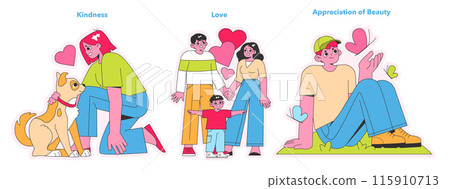 Character Strengths set. Acts of kindness to animals, familial love, and admiration of nature's beauty. Scenes of compassion, affection, and aesthetic enjoyment. Vector illustration. Character Strengths set. Acts of kindness to animals, familial love, and admiration of nature's beauty. Scenes of compassion, affection, and aesthetic enjoyment. Vector illustration. 115910713