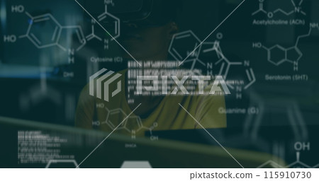 Image of chemical structures and data processing over african american woman wearing vr headset Image of chemical structures and data processing over african american woman wearing vr headset 115910730