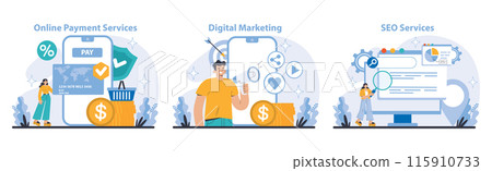 Internet Services set. Business and marketing. Seamless online payment, dynamic digital marketing, and comprehensive SEO solutions. Enhancing virtual transactions and visibility. Vector illustration. 115910733
