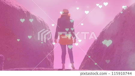 Image of glowing spots and hearts over caucasian woman standing on rock Image of glowing spots and hearts over caucasian woman standing on rock 115910744
