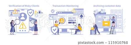 KYC set. Rigorous assessment of risky profiles, diligent transaction scrutiny, and meticulous archiving of customer data for security. Flat vector illustration. 115910768