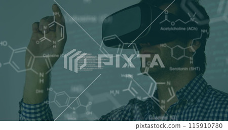 Image of chemical structures and data processing over caucasian man wearing vr headset Image of chemical structures and data processing over caucasian man wearing vr headset 115910780