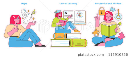 Character Strengths trio. Visions of hope, academic zeal, and enlightened wisdom depicted in vibrant hues. Portraits of optimism, education, and insight. Vector illustration. Character Strengths trio. Visions of hope, academic zeal, and enlightened wisdom depicted in vibrant hues. Portraits of optimism, education, and insight. Vector illustration. 115910836