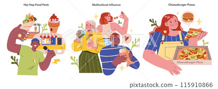 Multicultural influence set showcases diverse people enjoying global fusion food. Hip-hop vibes, shared meals, cultural blend. Vector illustration. 115910866