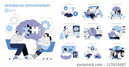 Integrative Psychotherapy set. A holistic approach combining neuroscience and technology in therapy. Visual metaphors for mental health strategies. Vector illustration. 115910897
