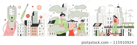 Air quality awareness set. Air quality index and pollution monitoring. Air purifiers devices and mechanisms in urban environments for healthier living. Flat vector illustration 115910924