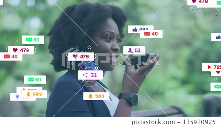 Image of network of connections with media icons over caucasian woman using smartphone 115910925