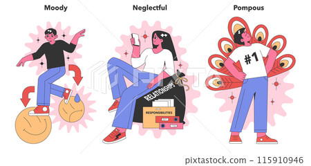 Negative Personality Traits series. Visuals of moodiness, neglect, and self-importance. Figures with dynamic poses showing varied emotional states. Flat vector illustration. Negative Personality Traits series. Visuals of moodiness, neglect, and self-importance. Figures with dynamic poses showing varied emotional states. Flat vector illustration. 115910946