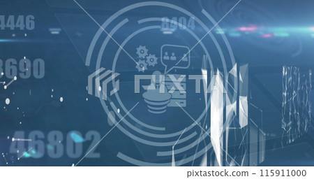 Images of network of connections with icons over data processing on dark background Images of network of connections with icons over data processing on dark background 115911000