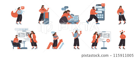 Achievement and analytics set. Business professionals engaged in presentations, financial growth, and data analysis, underlining success and strategy. Flat vector illustration. 115911005