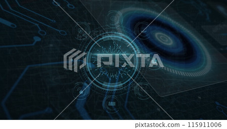 Image of network of connections with icons over data processing 115911006