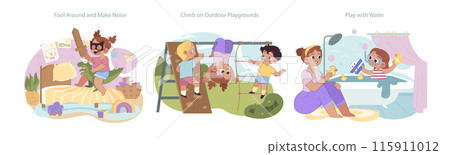 Playful Learning Activities concept. Kids enjoy unstructured playtime, outdoor adventures, and water games. Embracing energetic exploration and joyful learning experiences. Playful Learning Activities concept. Kids enjoy unstructured playtime, outdoor adventures, and water games. Embracing energetic exploration and joyful learning experiences. 115911012