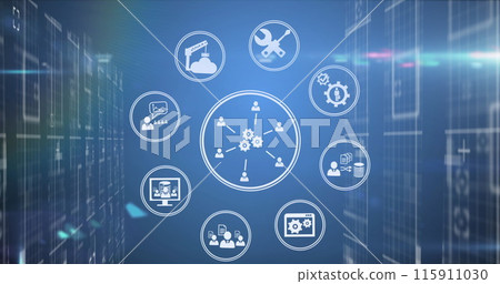 Image of data processing and icons over server room Image of data processing and icons over server room 115911030