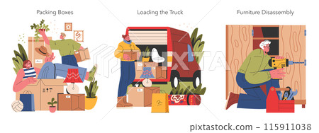 Moving house set. People packing, loading a truck, and disassembling furniture for relocation. Organized teamwork, efficient moving process, beginning of a new chapter. Vector illustration. 115911038