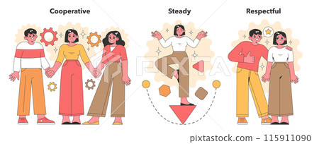 Colorful vector illustrations highlighting the virtues of cooperation, stability, and respect, depicted by joyful characters in harmonious interaction 115911090