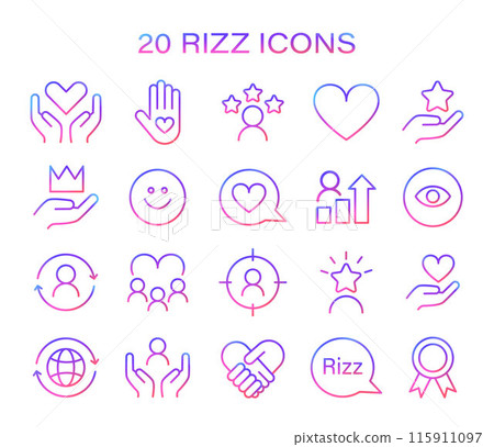 Rizz icon set. Minimalist line icons representing various aspects of social interaction and personal growth. Symbols of care, success, and vision. Vector illustration. 115911097