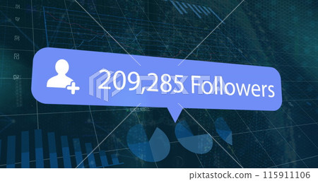 Image of financial data processing and followers number over server room 115911106