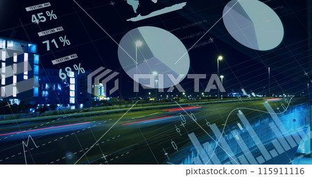 Image of statistical data processing against aerial view of city traffic at night Image of statistical data processing against aerial view of city traffic at night 115911116
