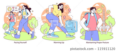 Rucking set. Sequential actions for a successful ruck march: pacing, warm-up routines, maintaining posture. Healthful outdoor activity tips. Flat vector illustration. Rucking set. Sequential actions for a successful ruck march: pacing, warm-up routines, maintaining posture. Healthful outdoor activity tips. Flat vector illustration. 115911120