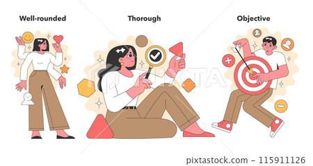 Captivating vector illustrations celebrate being well-rounded, thorough, and objective, with characters exuding balance, attention to detail, and fairness. Captivating vector illustrations celebrate being well-rounded, thorough, and objective, with characters exuding balance, attention to detail, and fairness. 115911126