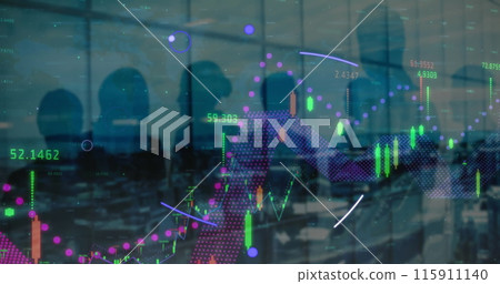 Image of data processing and shapes over diverse business people silhouettes 115911140