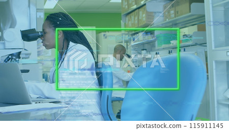 Image of data processing over african american scientists in lab 115911145