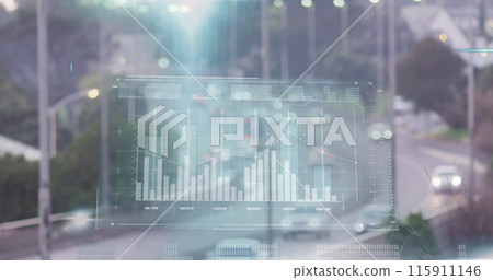 Image of interface with data processing against aerial view of city traffic Image of interface with data processing against aerial view of city traffic 115911146