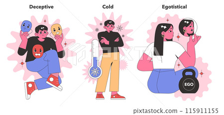 Negative Personality Traits trio. Portrayals of deceit, emotional chilliness, and self-centeredness. Characters with masks, frosty demeanor, and ego. Flat vector illustration 115911155