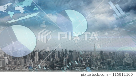 Image of statistical data processing and network of profile icons over aerial view of cityscape 115911160