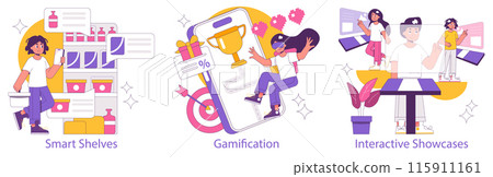 Phygital set. Bridging digital and physical retail experiences. Interactive shelves, gamification, and dynamic showcases. Vector illustration. Phygital set. Bridging digital and physical retail experiences. Interactive shelves, gamification, and dynamic showcases. Vector illustration. 115911161