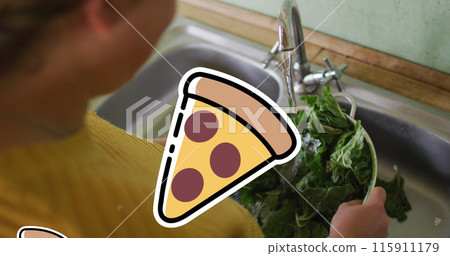 Image of pizza icons over caucasian woman washing salat Image of pizza icons over caucasian woman washing salat 115911179