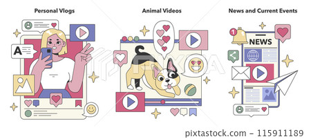 Social Media Content set. Intimate life snippets, adorable pet moments, global happenings. Lifestyle sharing, animal entertainment, informed citizenry. Flat vector illustration. Social Media Content set. Intimate life snippets, adorable pet moments, global happenings. Lifestyle sharing, animal entertainment, informed citizenry. Flat vector illustration. 115911189