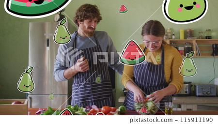 Image of fruit icons over caucasian couple cooking Image of fruit icons over caucasian couple cooking 115911190
