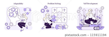 Self Development set. A visual narrative on adaptability in thought, puzzle-solving acuity, and the tranquility of self-growth. Captures the journey of personal enhancement. Vector illustration Self Development set. A visual narrative on adaptability in thought, puzzle-solving acuity, and the tranquility of self-growth. Captures the journey of personal enhancement. Vector illustration 115911194