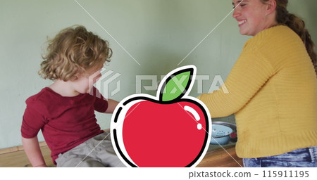 Image of apple icons over caucasian woman with son in kitchen Image of apple icons over caucasian woman with son in kitchen 115911195