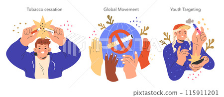 No Tobacco Day set. Diverse hands breaking a cigarette, uniting for smoke-free world, and targeting youth awareness. Health advocacy. Vector illustration. 115911201