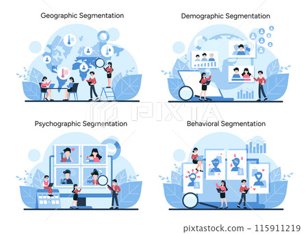 Market Segmentation facets set. Vivid vector illustrations present geographic, demographic, psychographic, and behavioral market divisions. Vector illustration Market Segmentation facets set. Vivid vector illustrations present geographic, demographic, psychographic, and behavioral market divisions. Vector illustration 115911219