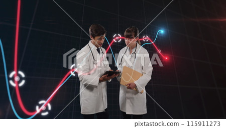 Image of financial graphs over caucasian female and male doctors 115911273